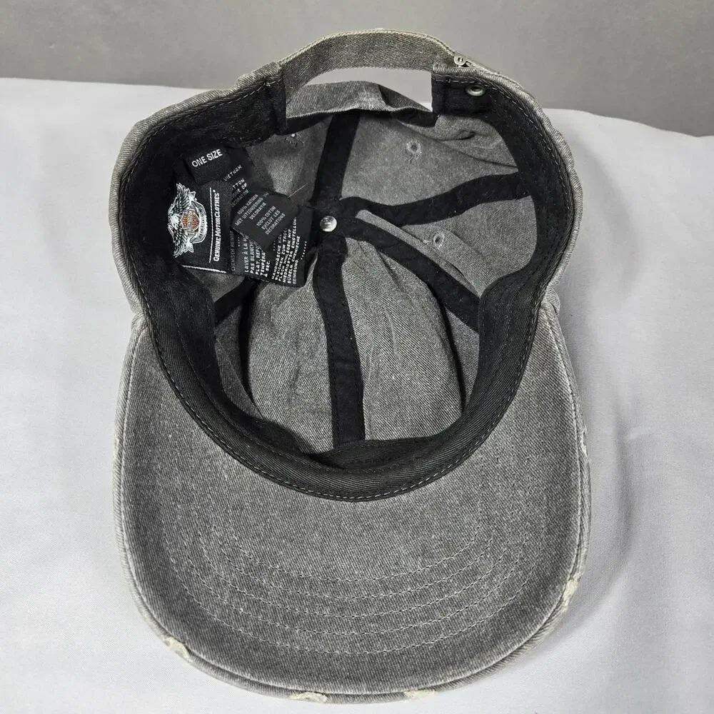 Harley Davidson Hat Gray Strapback Cap Motorcycle Embroidered Distressed Biker - Picture 7 of 8
